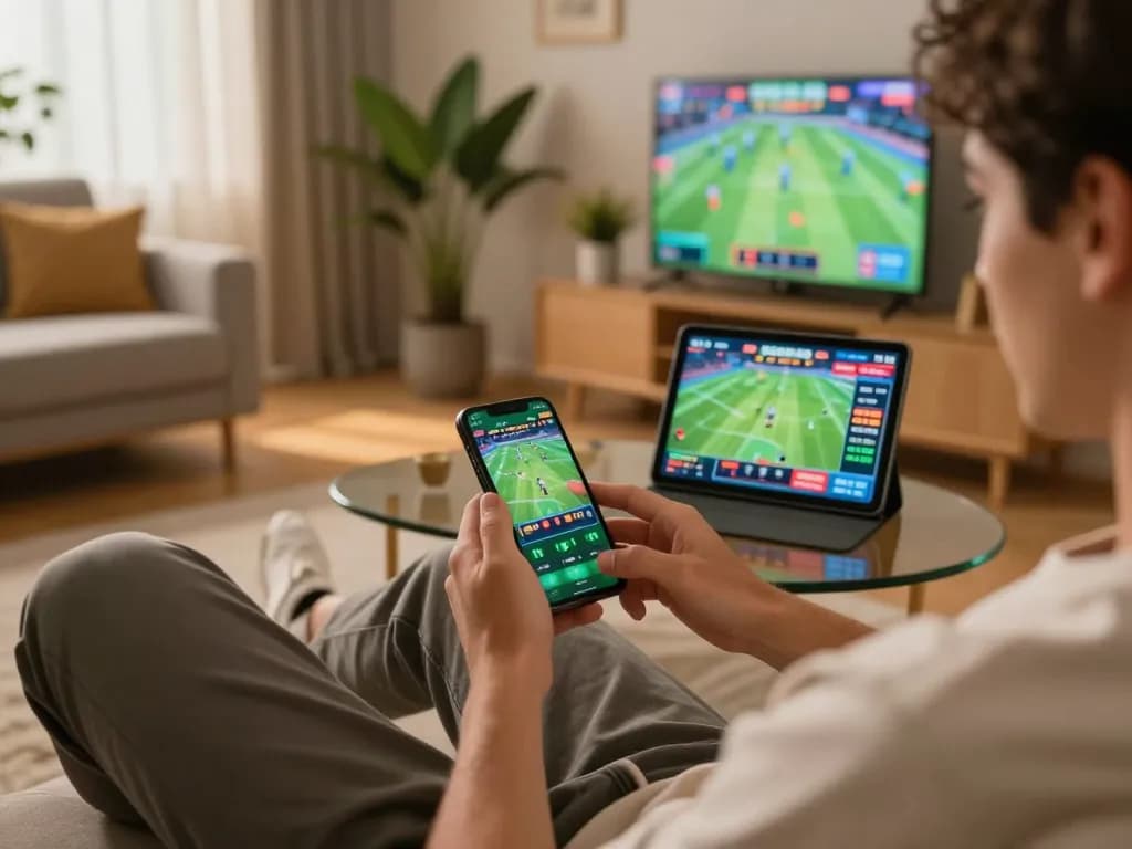Experience the excitement of sports betting with FB88 on a smartphone in a cozy living room