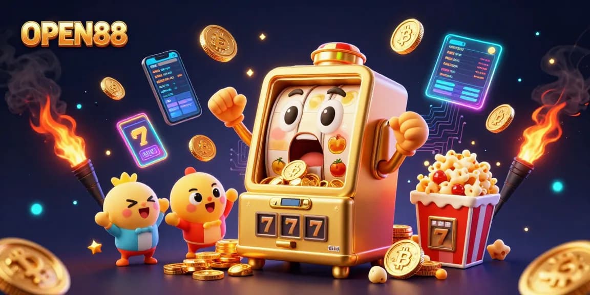 Engage with OPEN88 as a 3D golden slot machine celebrates winning a jackpot amidst vibrant casino elements.