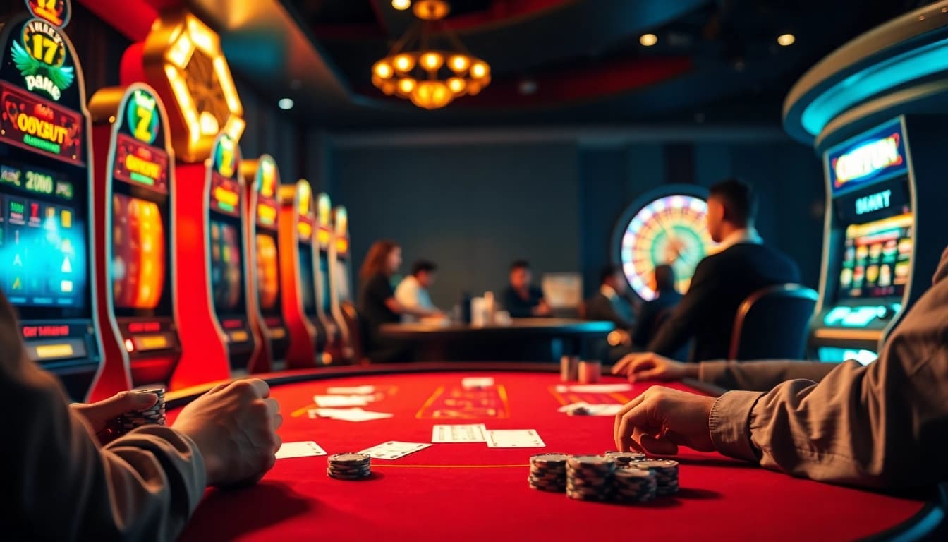Players engaging at a poker table at OKFUN casino, illuminated by vibrant slot machines.