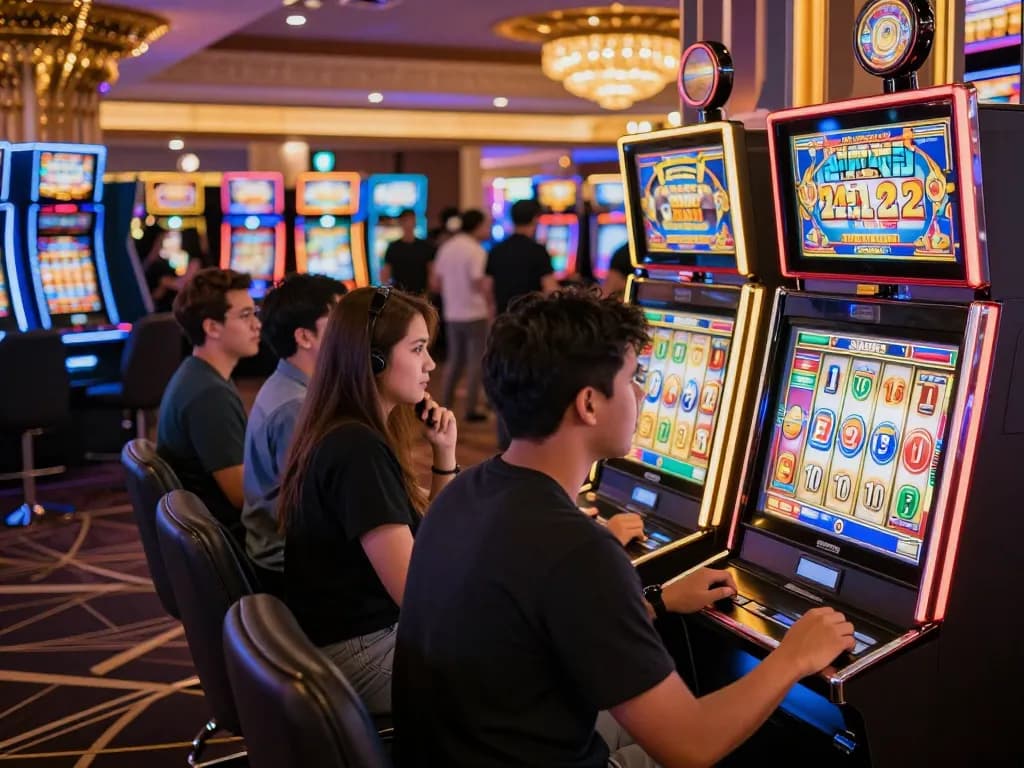 Players engaging with a slot gacor machine, showcasing excitement and vibrant colors in a lively casino