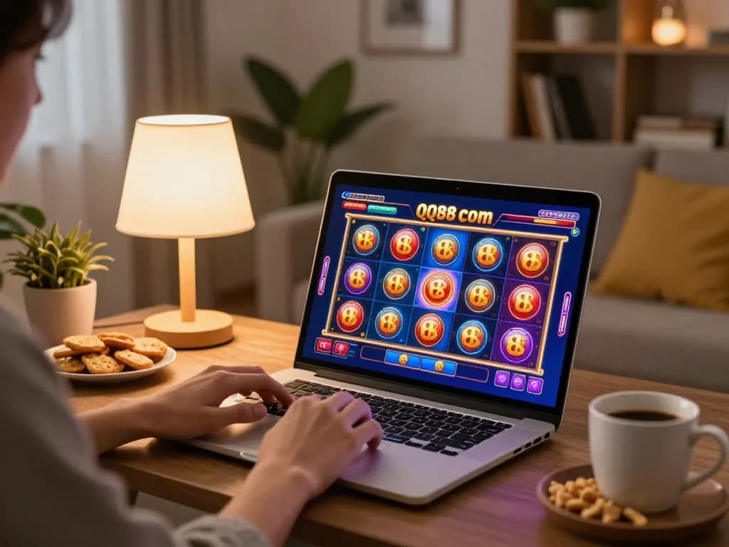 Engaging gameplay on QQ88 com with a player focused on online slots in a cozy living room environment.