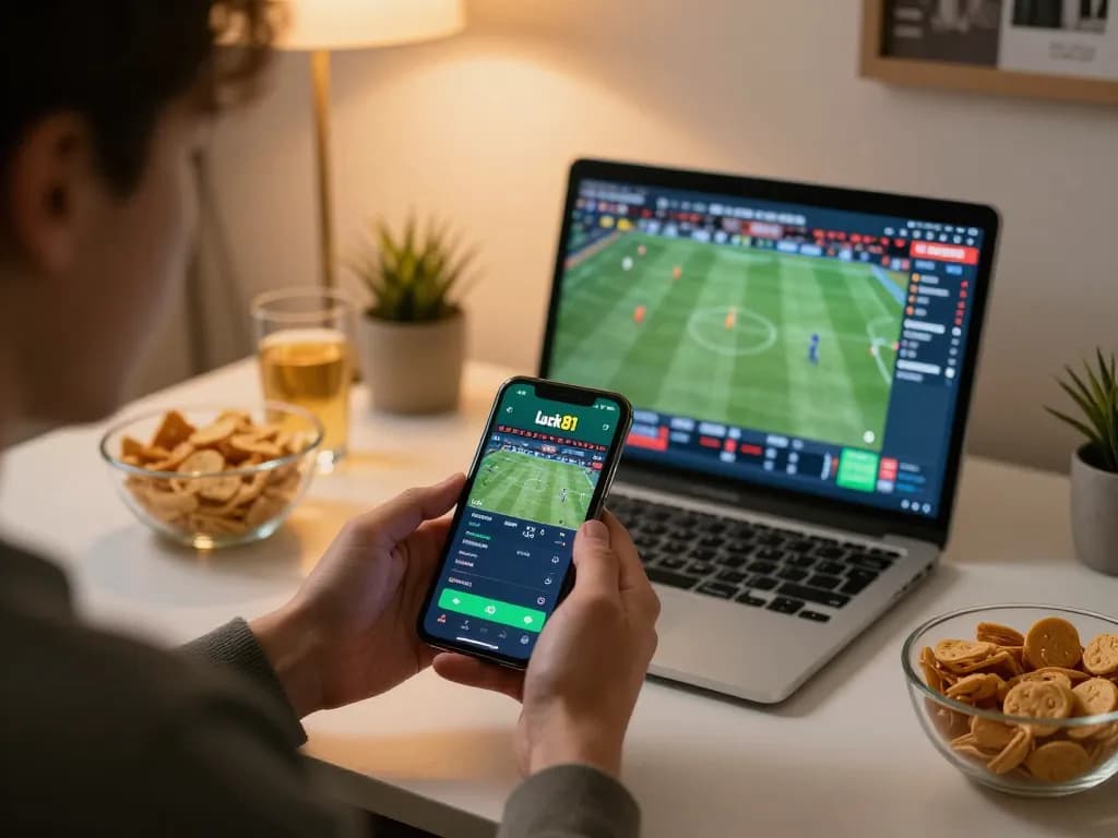 Person placing bets on luck81 app while watching live sports event