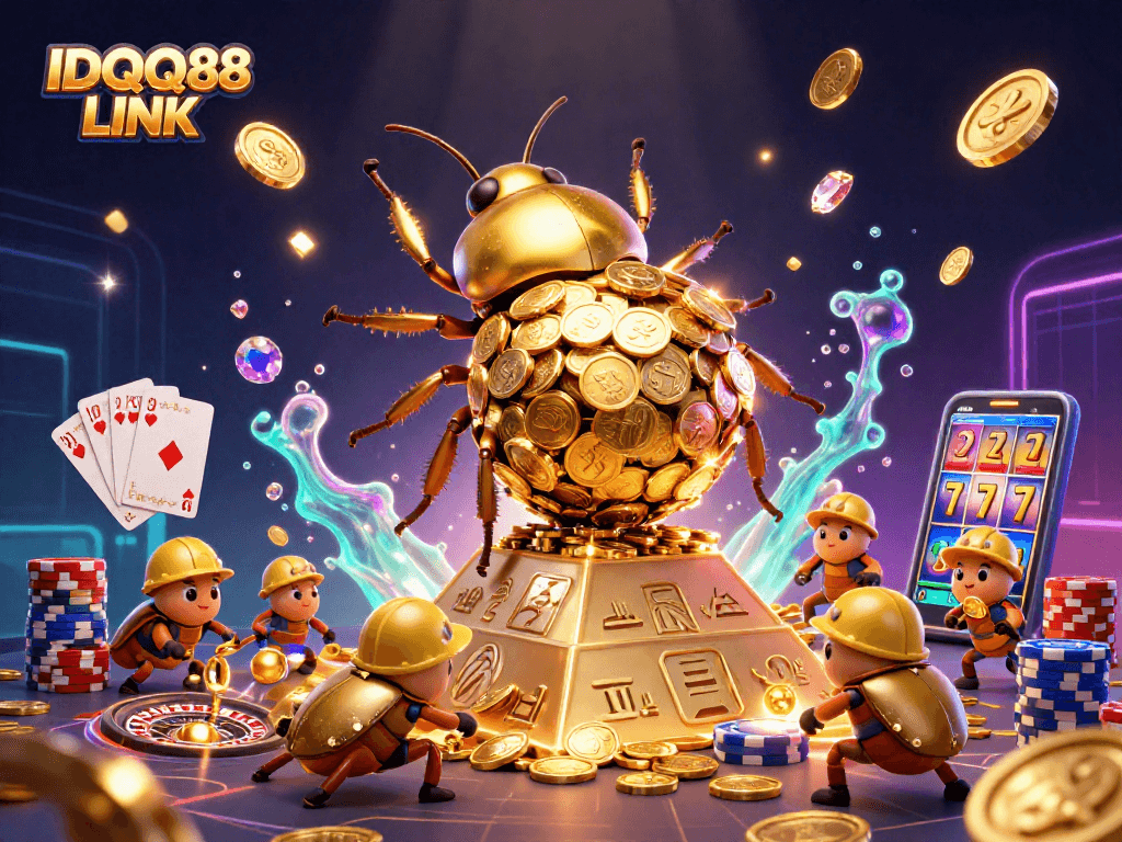 Experience the excitement of the IDQQ88 LINK with vibrant golden coins and engaging casino-themed elements.