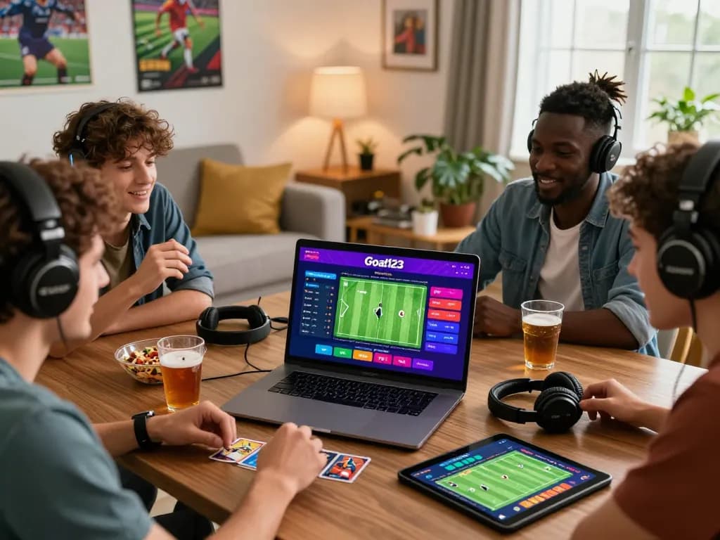 Friends enjoying dynamic gaming together on Goal123 online platform in a lively living room.