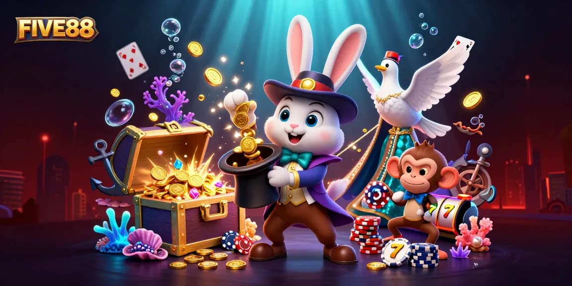 FIVE88 offers a magical casino adventure with a magician rabbit, animated dove, and chip-pickpocketing monkey