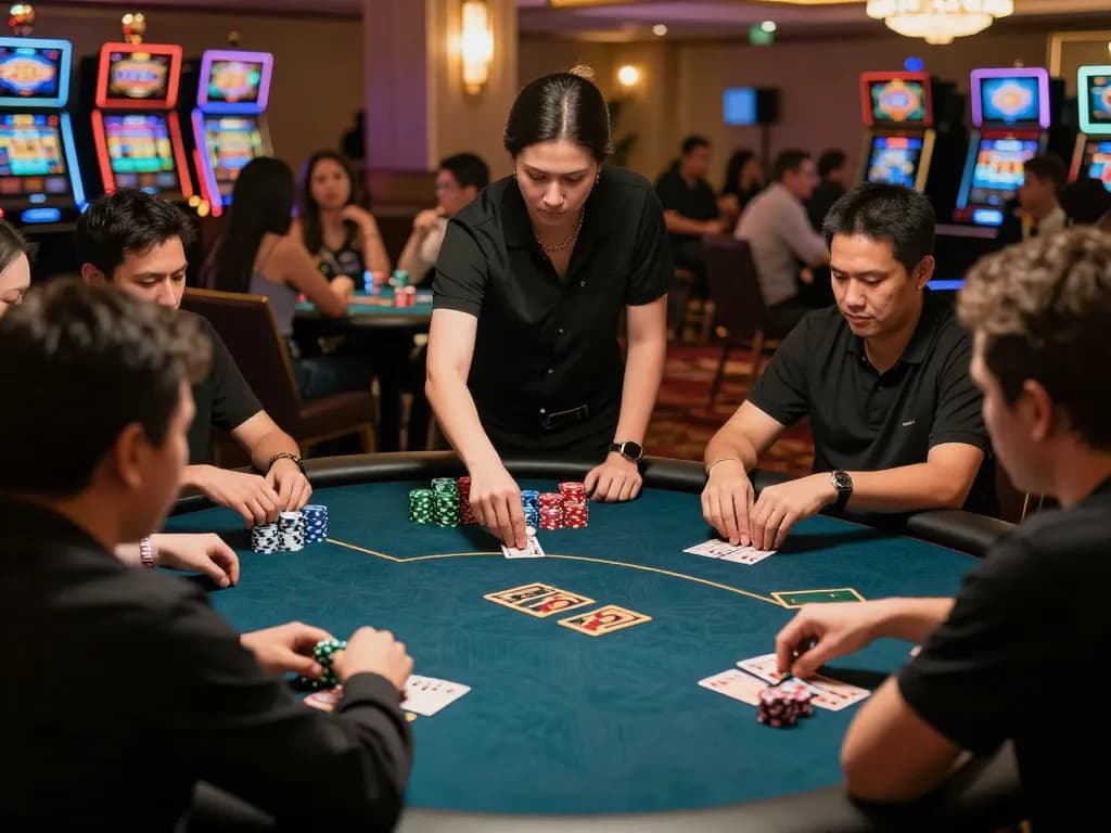 Nyonya9 players strategize at an upscale poker table, showcasing excitement and luxury in gaming.