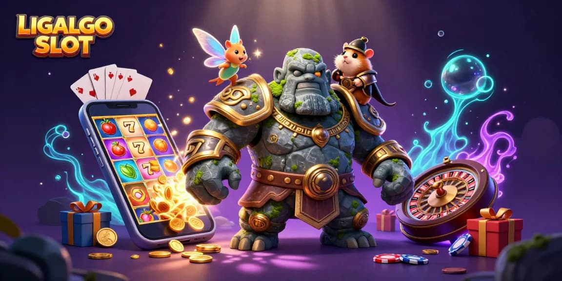 LIGALGO SLOT showcases a magical scene with a 3D golem, fairy, and hamster knight interacting with dynamic slot game elements.