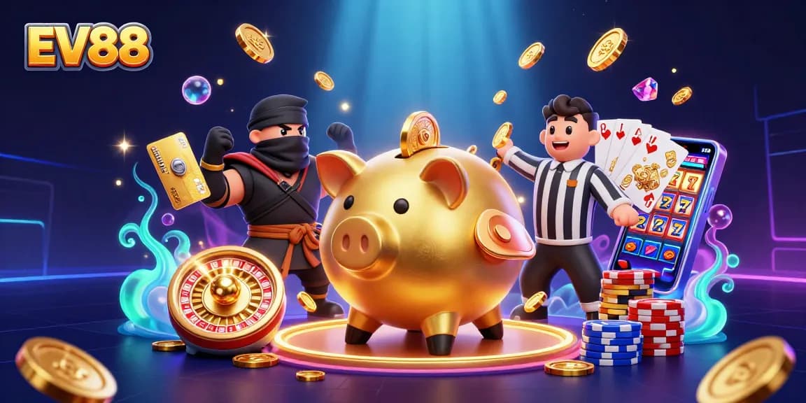 Experience the excitement of EV88 with a dynamic illustration of a piggy bank wrestler, wallet ninja, and credit card referee amidst casino action.