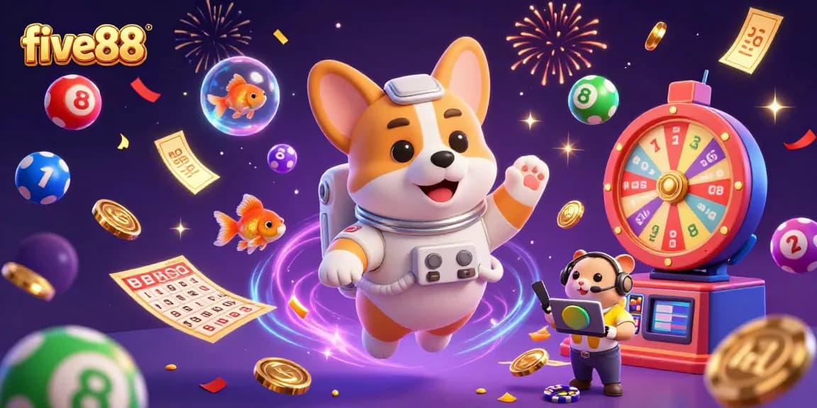 Float into gaming fun with five88's vibrant casino scene, featuring a corgi and hamster in zero gravity.