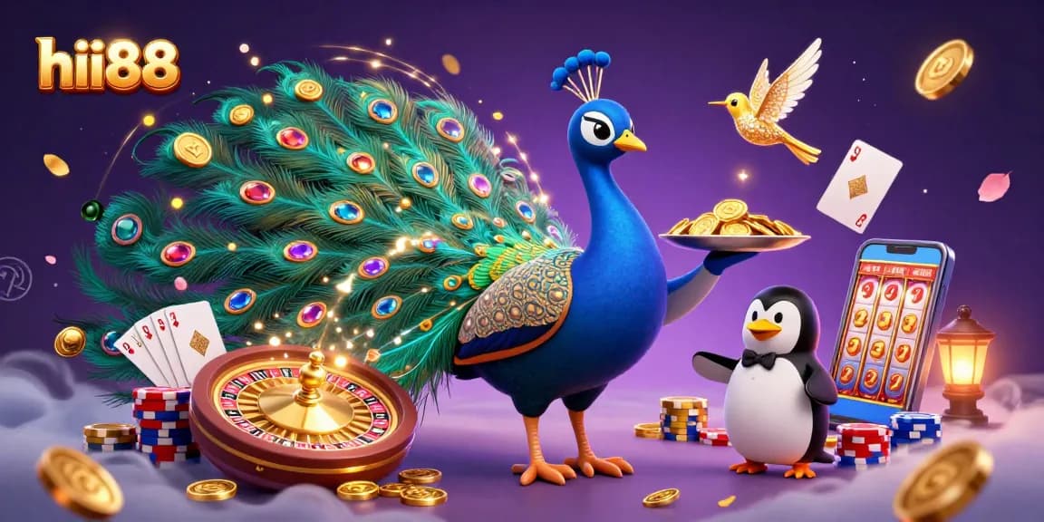 Spin the reels at hii88 Casino, showcasing vibrant jewels, golden chips, and playful characters.