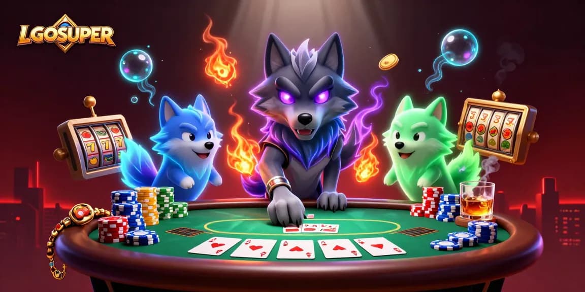 Engage with LGOSUPER's thrilling online slots amid a vibrant 3D casino scene.