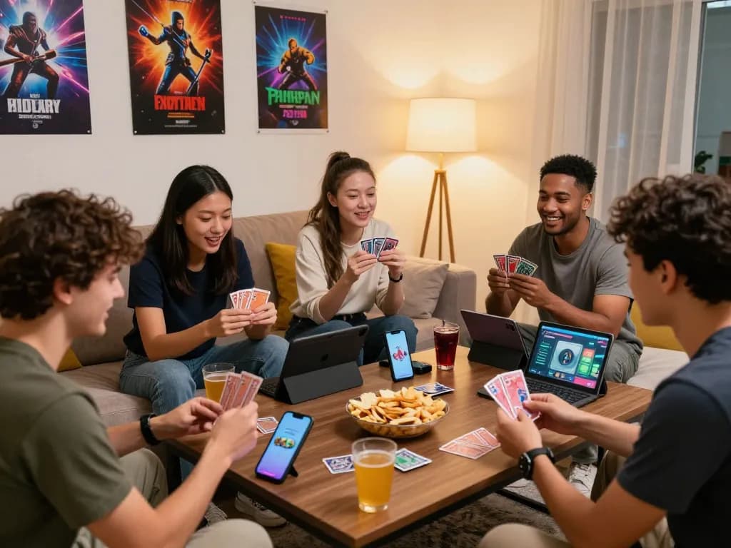 Friends enjoying a gaming night with 789club in a cozy living room setting, showcasing vibrant atmosphere and gaming elements.