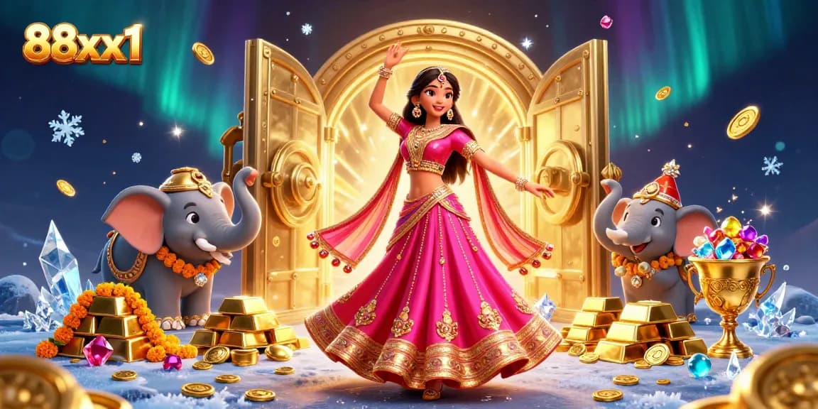 Engage with 88xx1 in a vibrant online casino scene showcasing gold coins, jewels, and vibrant characters.
