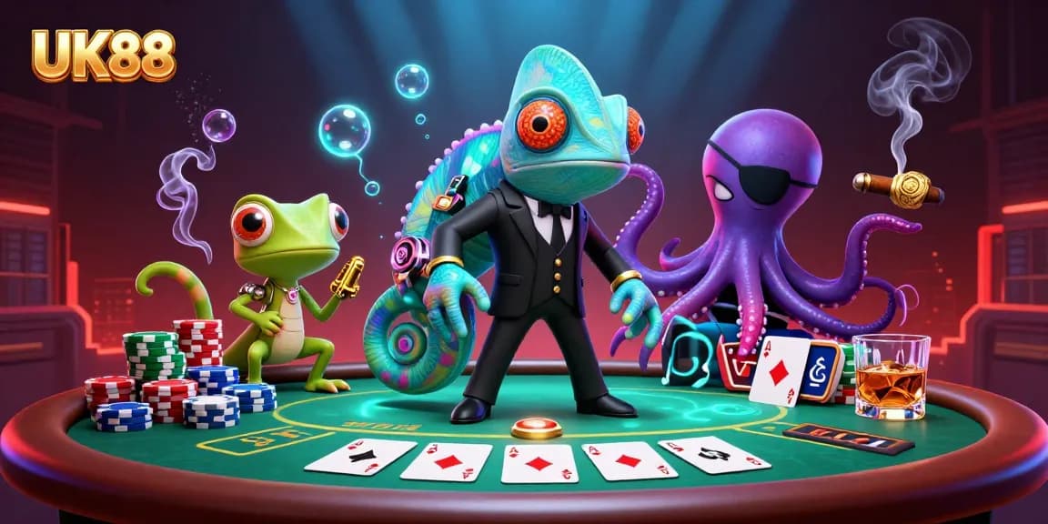 Experience thrilling poker action with UK88's colorful characters in a vibrant casino scene.
