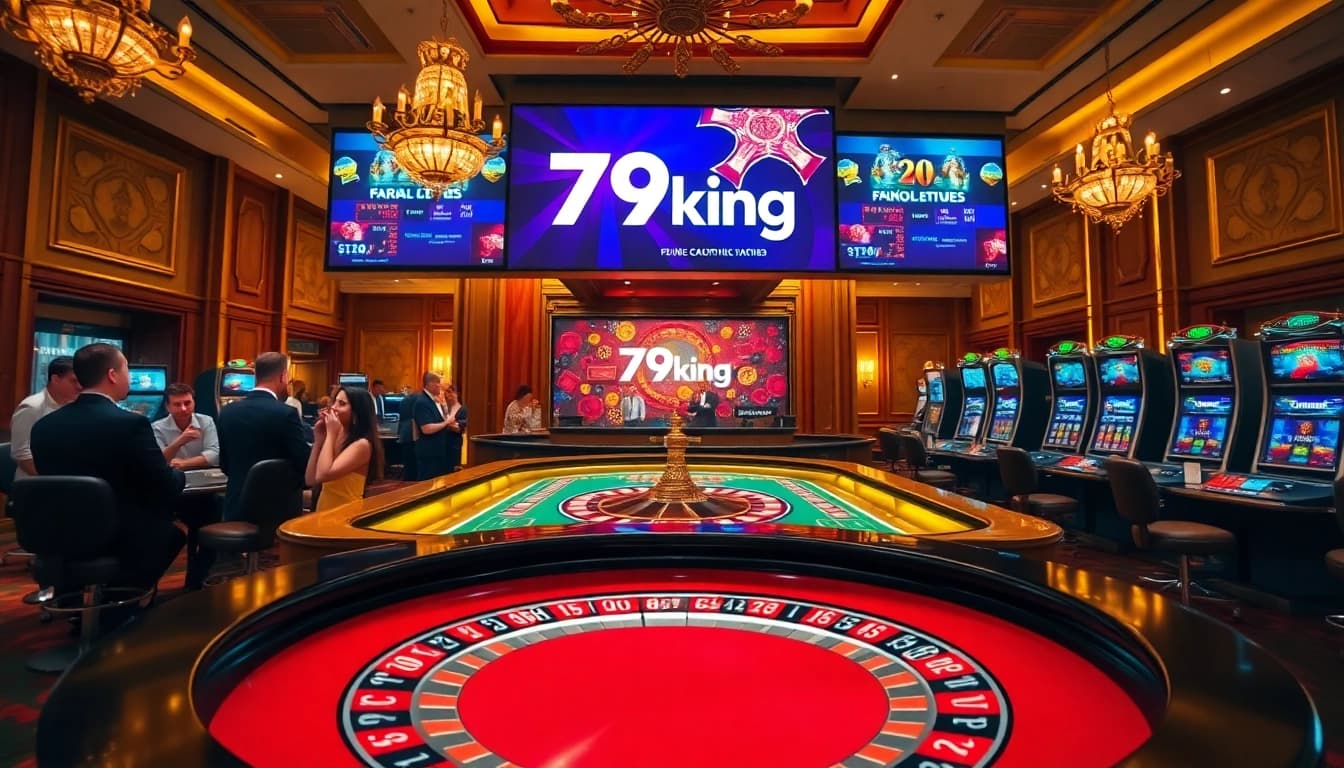 Players celebrate wins at the 79king casino, showcasing vibrant gambling excitement with roulette and poker.