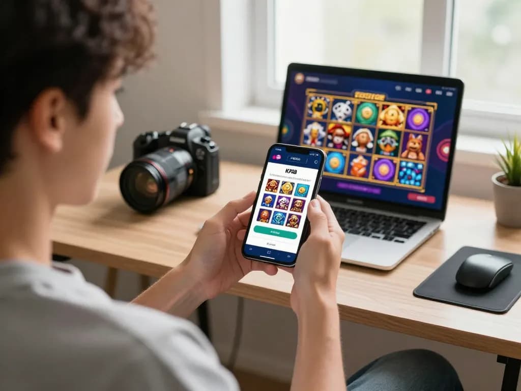 Engaging with the 登入 KP88 app, a player accesses vibrant online casino games on a smartphone, showcasing user-friendly interface.