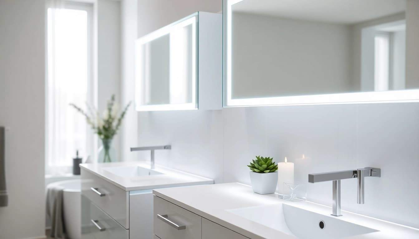 Showcasing illuminated bathroom cabinets with soft LED light in a modern, serene setting.
