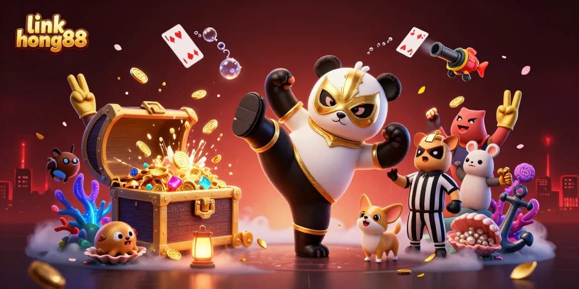 Engage with link hong88 as the panda wrestler kicks high, surrounded by a vibrant casino scene filled with excitement.