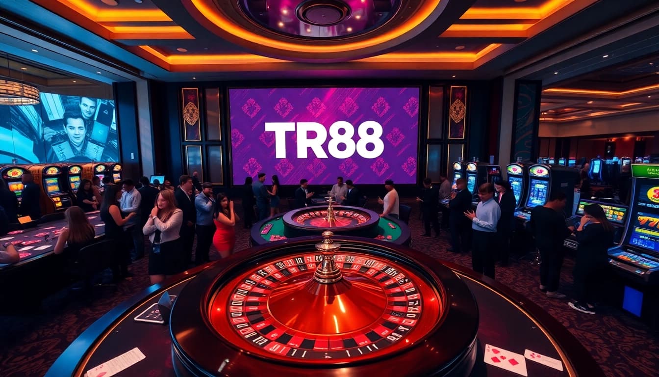 Players enjoying a high-stakes game at TR88 casino with vibrant roulette and poker action