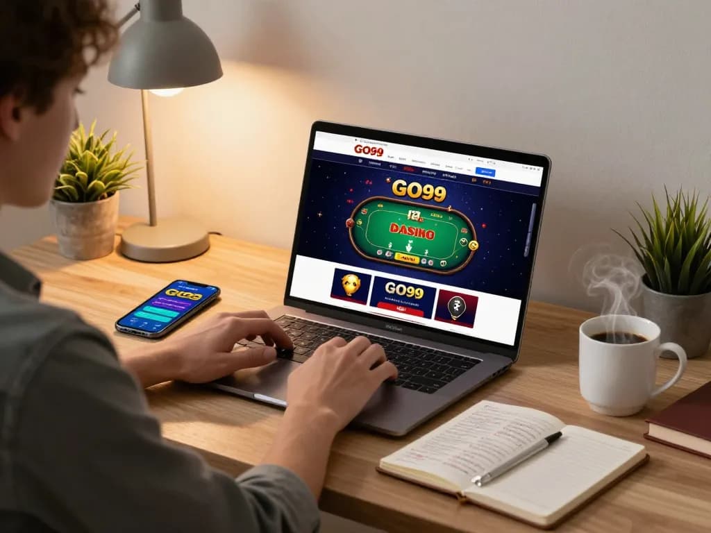 Engaging player enjoying GO99 online casino poker game on laptop at home