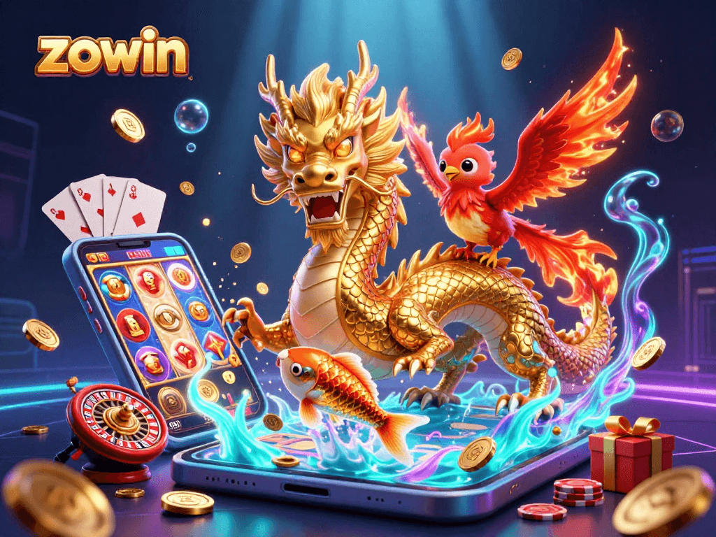 Experience exhilarating gameplay with zowin, featuring a golden dragon amidst vibrant casino elements.