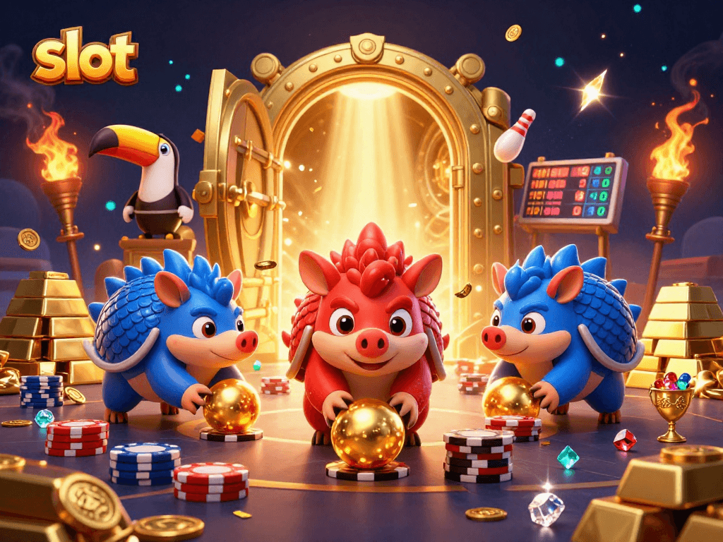 Spin slots with competitive pangolins in a vibrant casino scene filled with treasures and excitement.