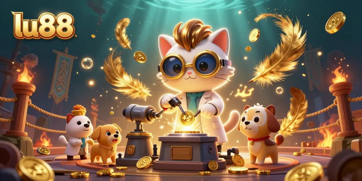 lu88 showcases a vibrant 3D scene of a mad scientist cat and assistant creating gold coins amidst golden particles and casino elements.