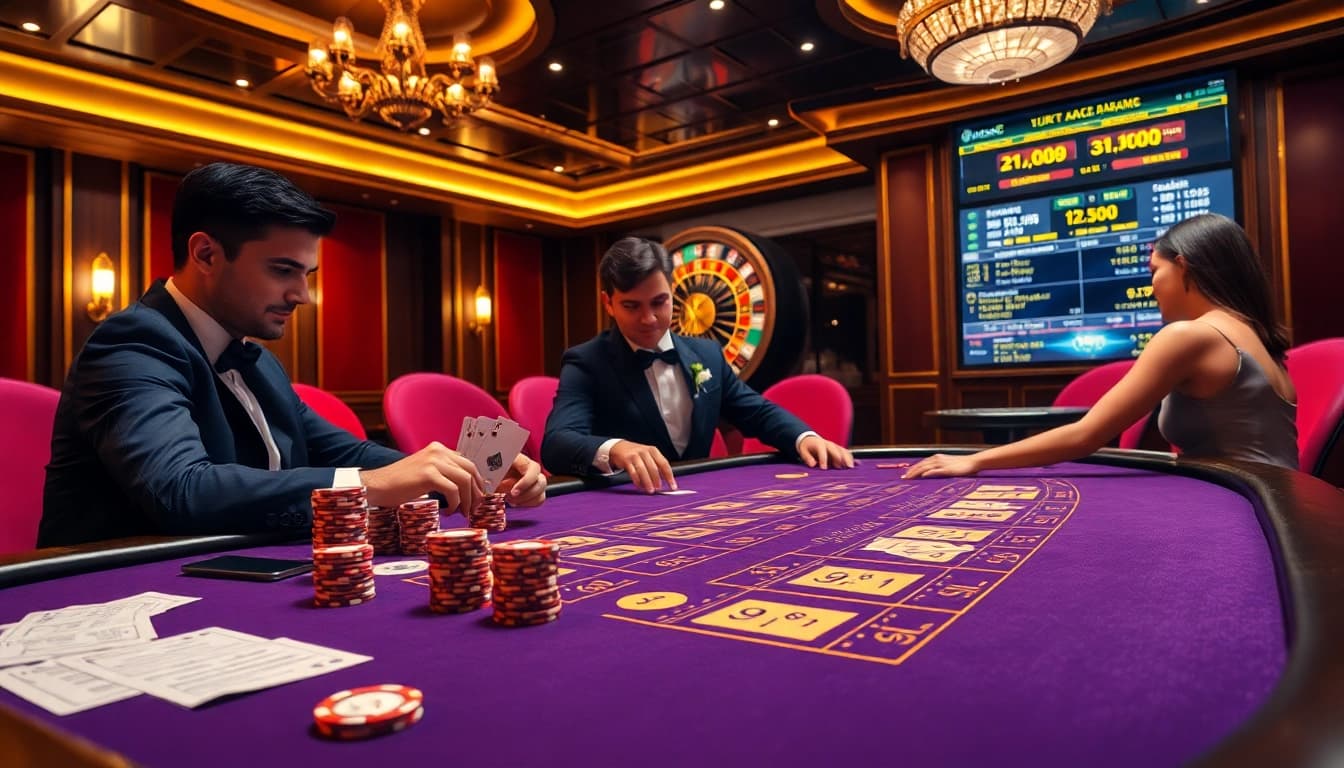 Engaged players betting strategically at a blackjack table in 壹發娛樂 casino setting.