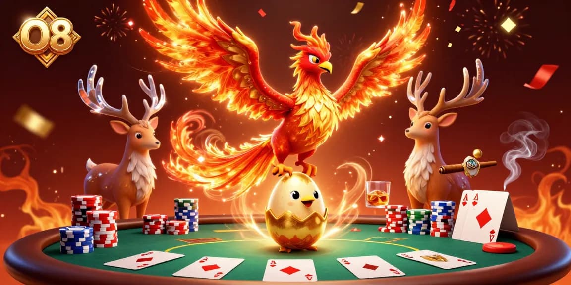 Win big with O8 as a phoenix rises and a poker showdown unfolds!
