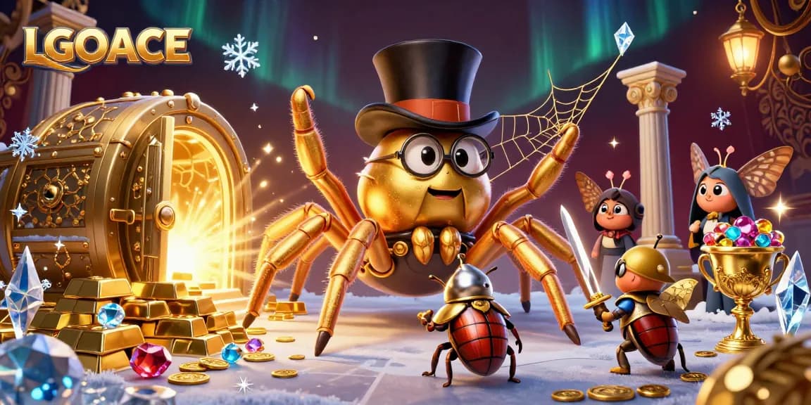 LGOACE showcases a vibrant casino scene featuring a golden tarantula and a beetle knight.