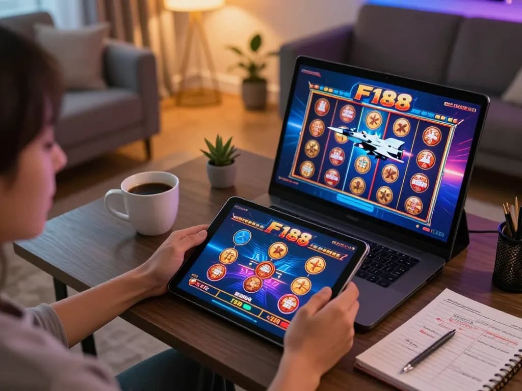Engaging in F168 online slot gaming, showcasing vibrant graphics and a cozy atmosphere