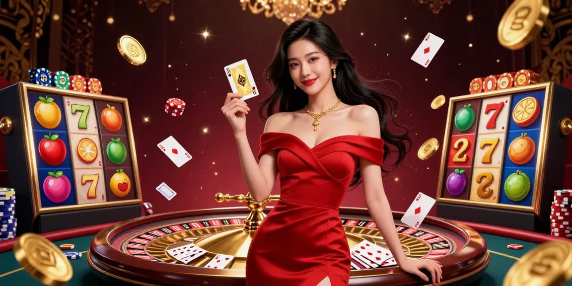Experience excitement at hubetvn with a stunning Asian woman presenting a winning casino atmosphere.