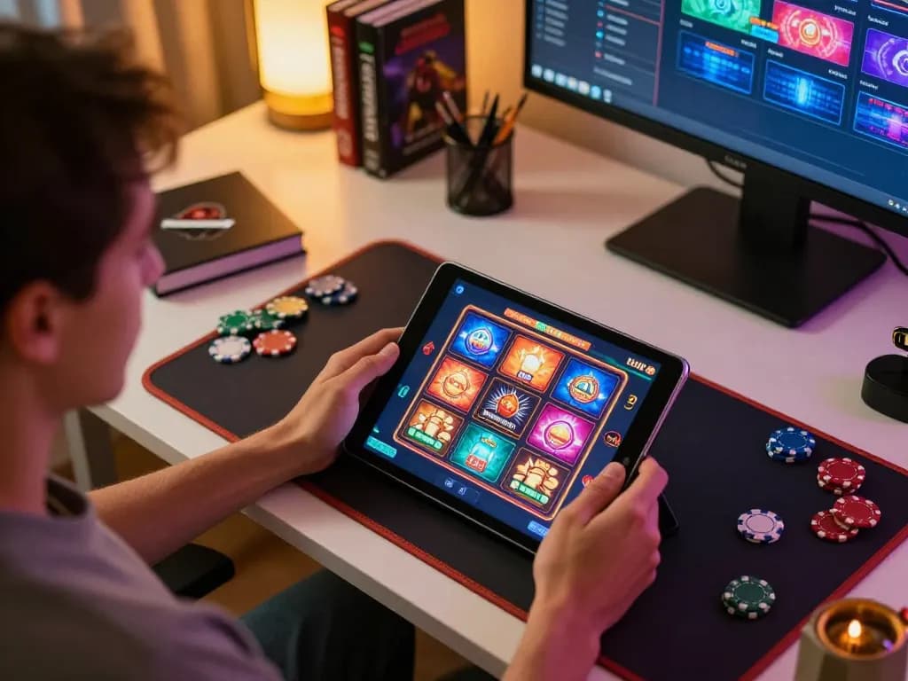 Player engaging in online gambling with Surebetsg on a tablet while surrounded by gaming strategy materials.