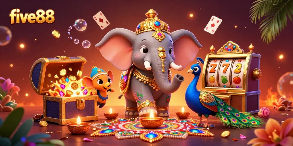 Experience five88's thrilling slots with vibrant characters amidst a sea of treasures and fun!