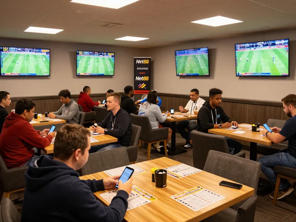 patrons engaged in sports betting at a lively lounge featuring Net88 branding