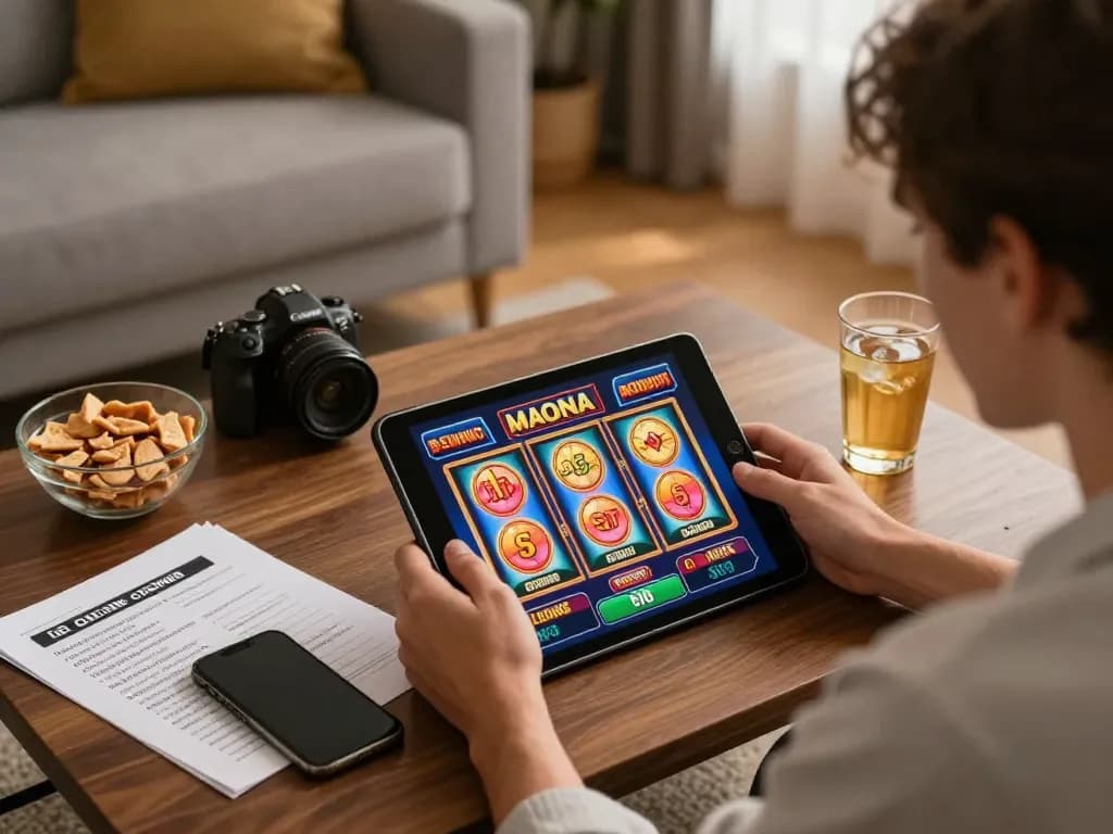 79king player enjoying online slots on tablet in a cozy setting, emphasizing responsible gaming.