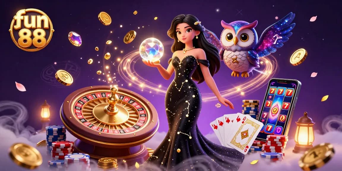 Experience excitement with fun 88 in a dazzling 3D casino scene filled with gold coins and game elements.