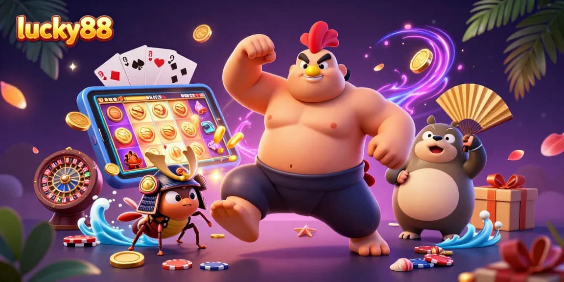 Experience the excitement of lucky88 with a dynamic 3D casino scene featuring characters and gaming elements.
