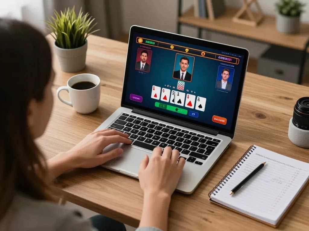 five88 player engaged in online blackjack strategy on a laptop in cozy home office.
