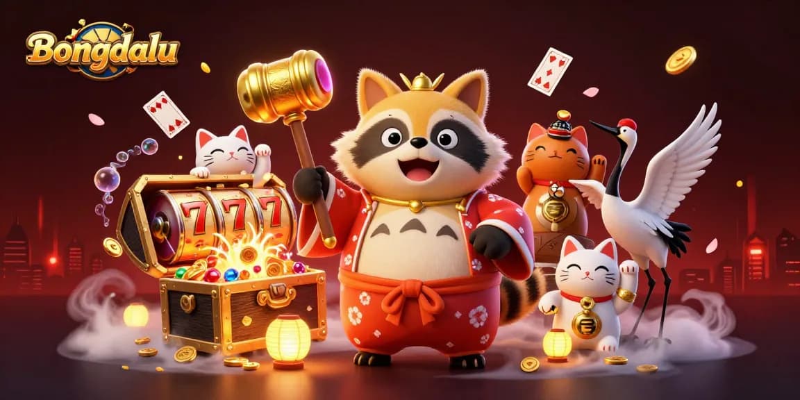 Bongdalu delivers thrilling live scores with a vibrant scene of a tanuki and lucky elements.