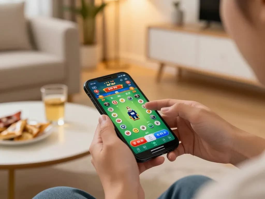 Engaging in game tài xỉu on smartphone in a cozy home setup