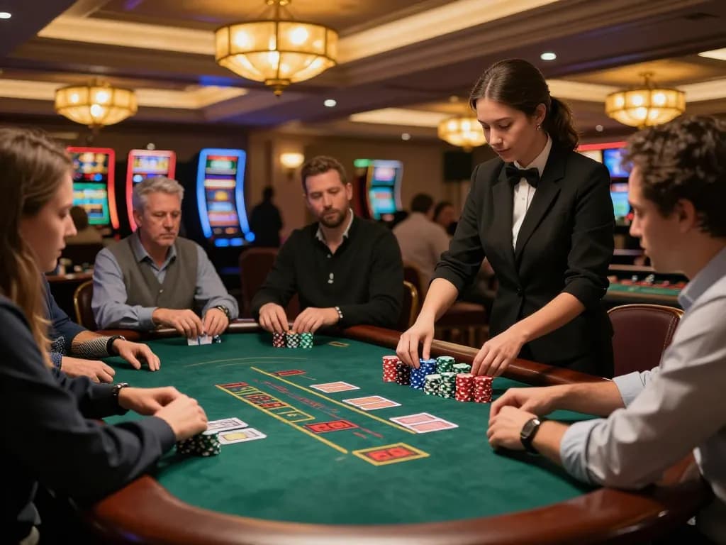 VA88 engaging players in strategic blackjack game with professional dealer in upscale casino.