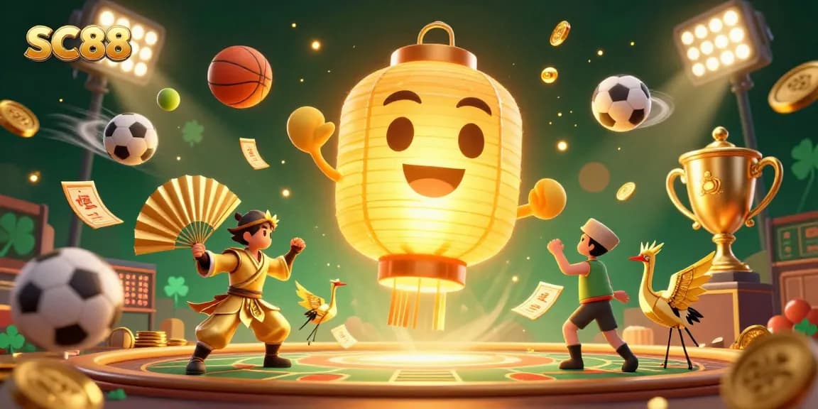 Catch the excitement of SC88 with a vibrant 3D casino scene featuring golden lanterns and sports elements.