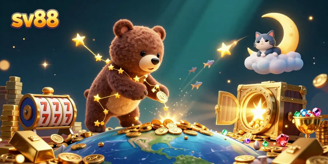 sv88 gaming illustration showcasing a constellation bear, coins, and vibrant slot elements.