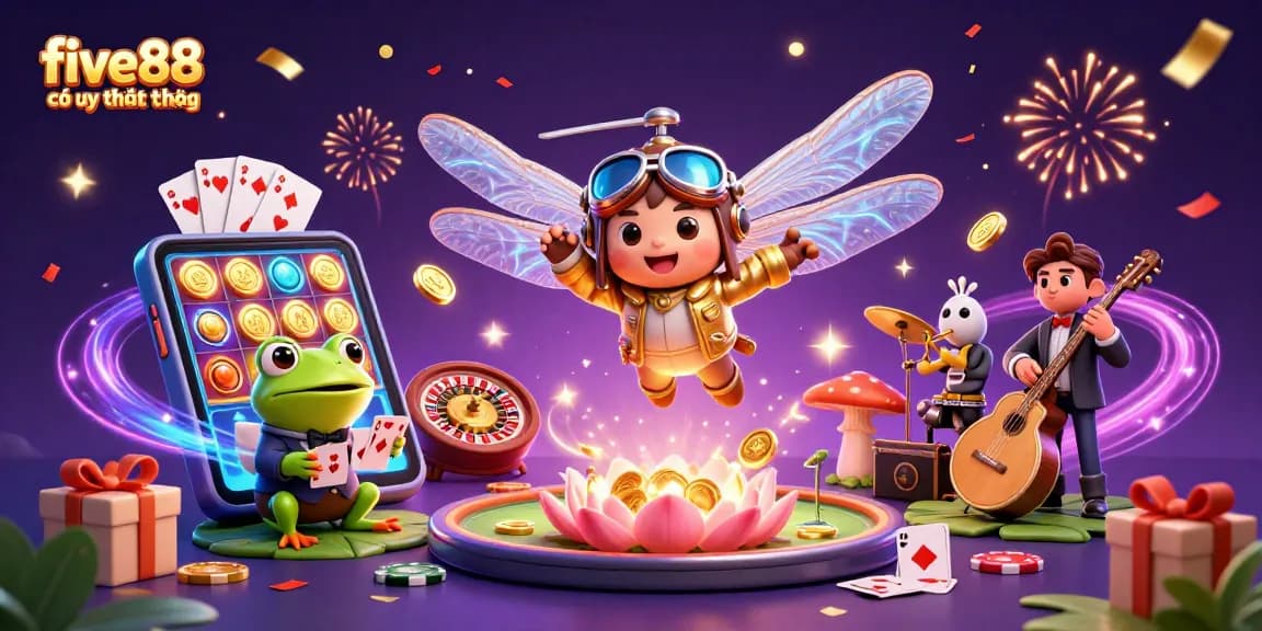 Experience excitement at five88 có uy tín không with a vibrant casino scene featuring a dragonfly pilot.