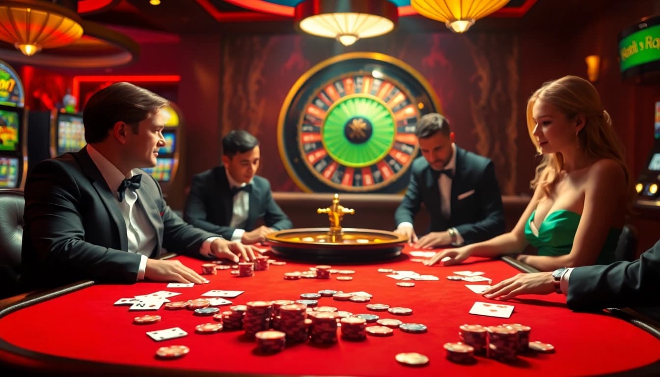 LUCK8 players strategizing around a high-stakes poker table in a luxurious casino setting.
