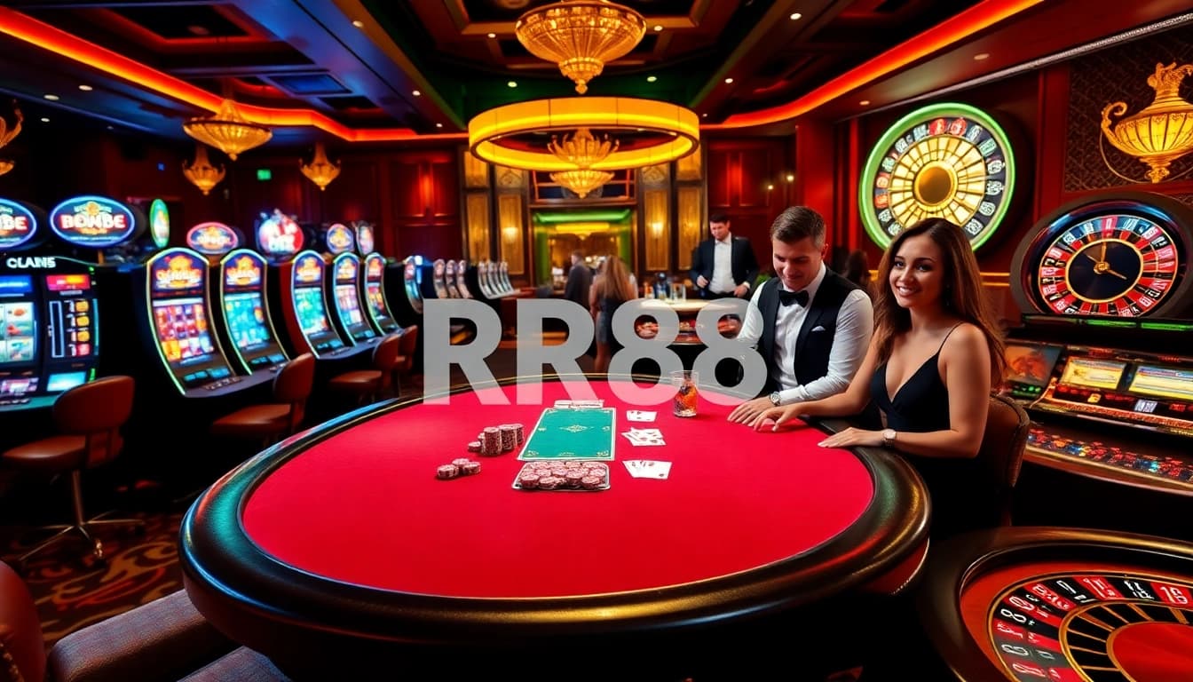 Experience thrilling gameplay at RR88 casino tables, filled with chips and cards under inviting lights.