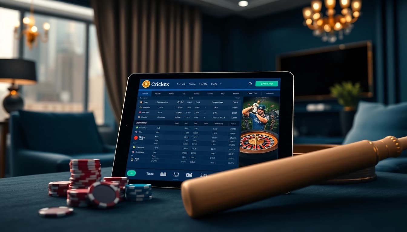 Exciting scene of Crickex online betting featuring a tablet, poker chips, and cricket elements.
