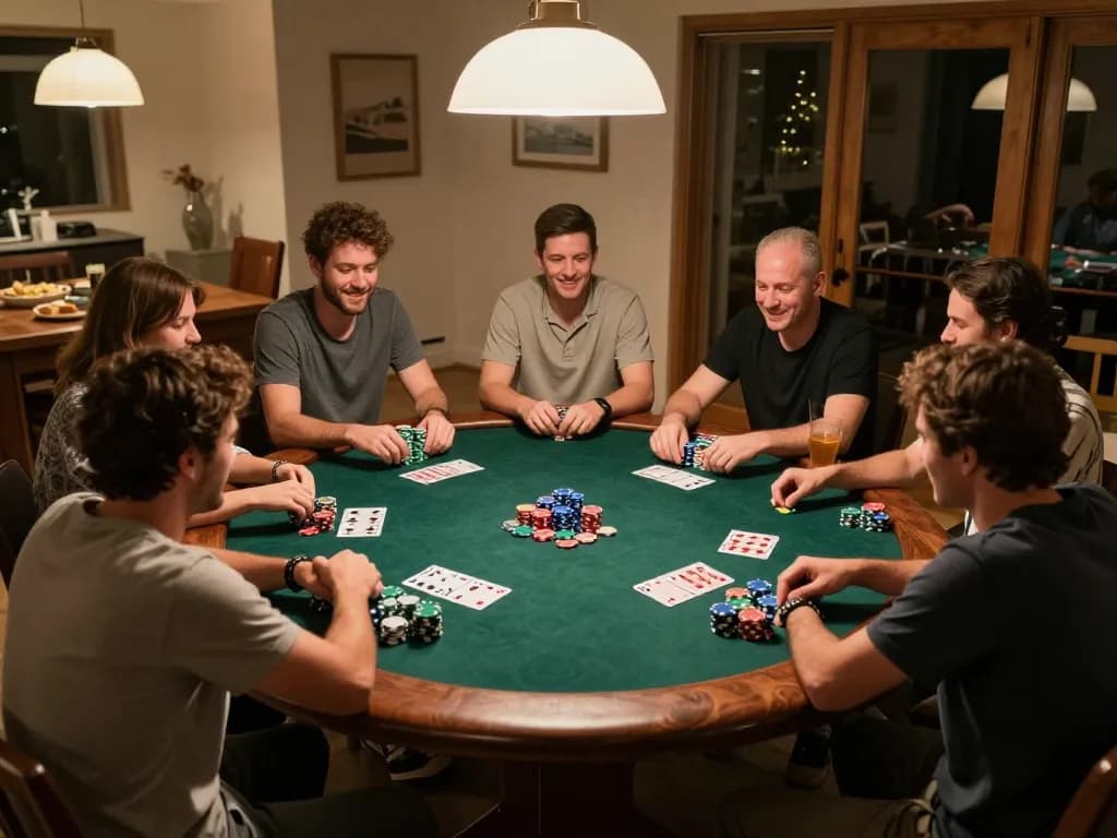 Friends enjoying a competitive poker game at home, showcasing SC88 entertainment atmosphere with colorful chips and cards.