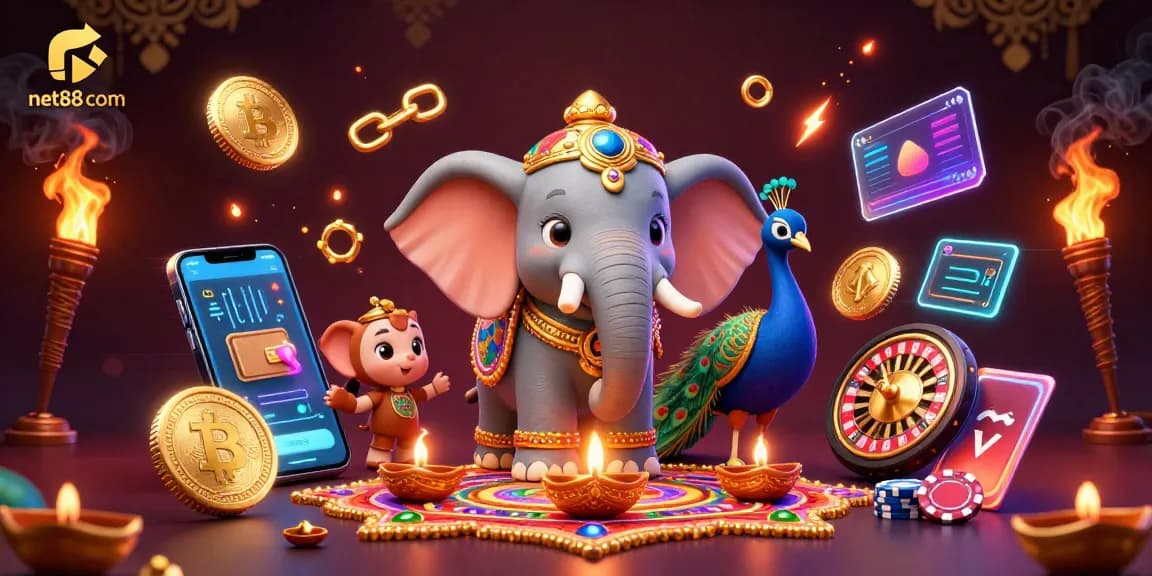 Engage with net88 com's thrilling gambling scene featuring vibrant characters and cryptocurrency elements.
